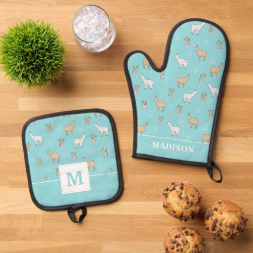 Cute Alpaca Llama Cactus Pattern Oven Mitt  Pot Holder Set