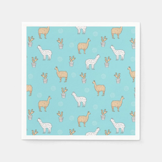 Cute Alpaca Llama Cactus Pattern Paper Napkins (Front)