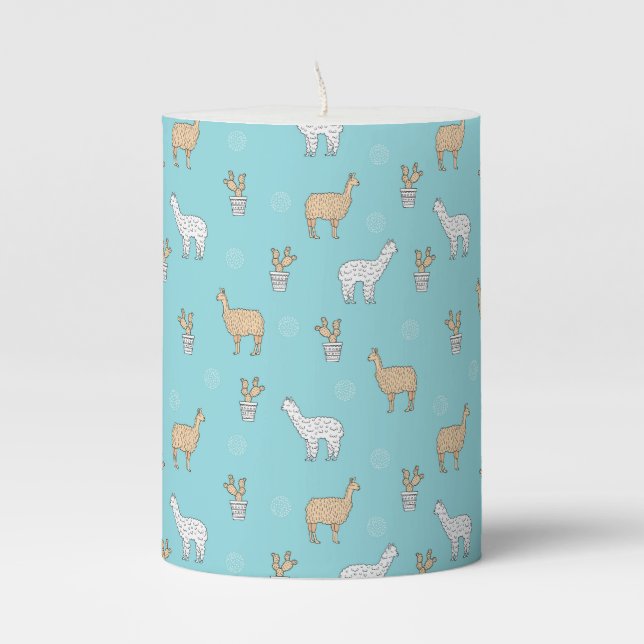 Cute Alpaca Llama Cactus Pattern Pillar Candle (Front)