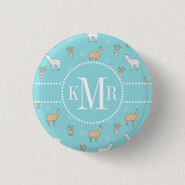 Cute Alpaca Llama Cactus Pattern Pinback Button (Front)