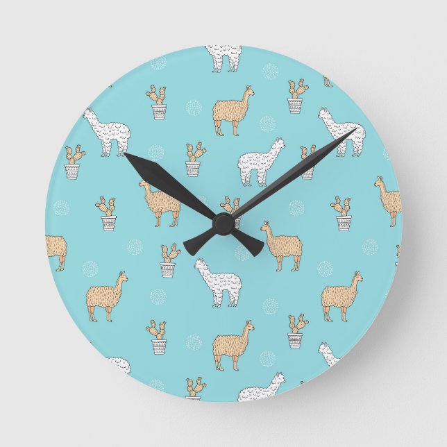 Cute Alpaca Llama Cactus Pattern Round Clock (Front)