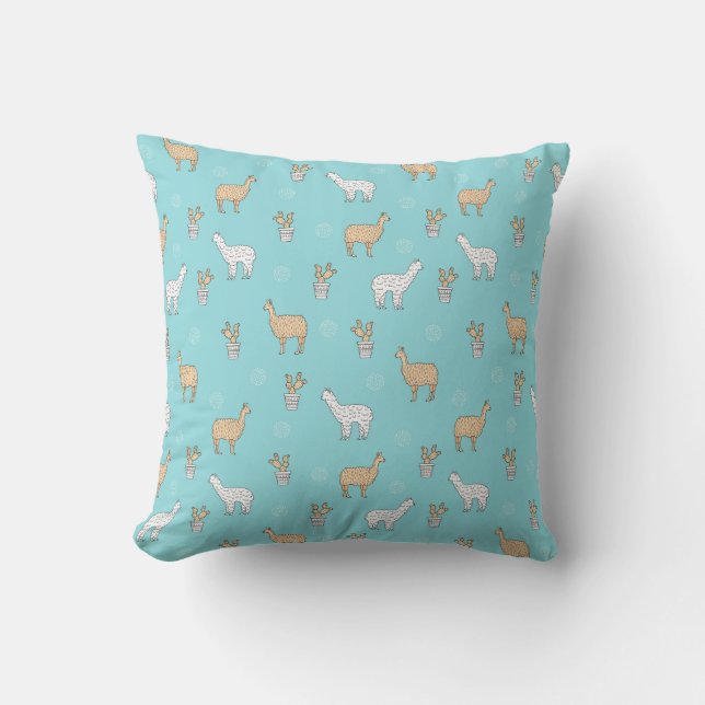 Cute Alpaca Llama Cactus Pattern Throw Pillow (Front)