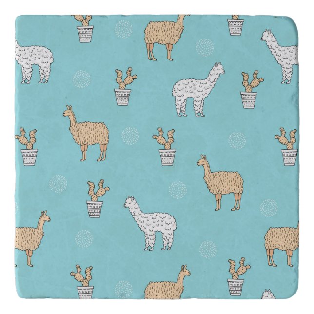 Cute Alpaca Llama Cactus Pattern Trivet (Front)