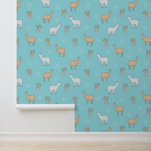 Cute Alpaca Llama Cactus Pattern Wallpaper