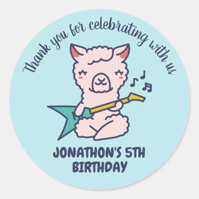 Cute Alpaca Play Guitar Kids Birthday Party Classic Round Sticker (Front)
