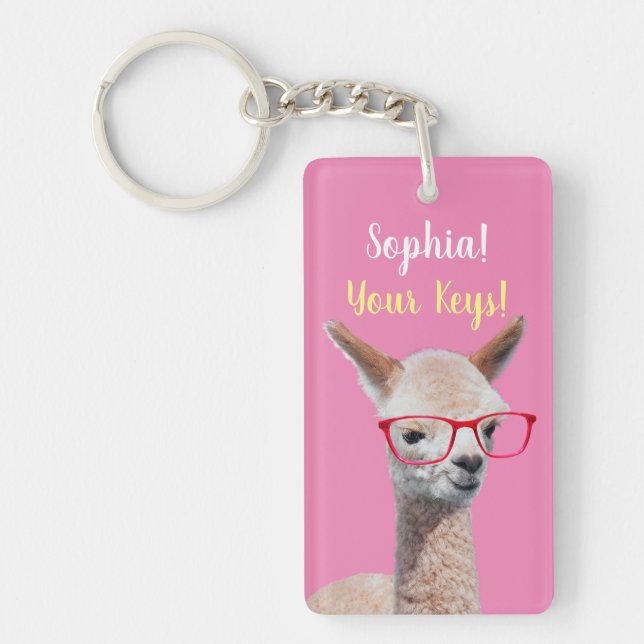 Cute Alpaca Red Glasses DIY, Name Message, Pink Keychain (Front)