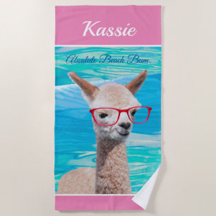 Cute Alpaca Red Glasses Personalize Name Message Beach Towel