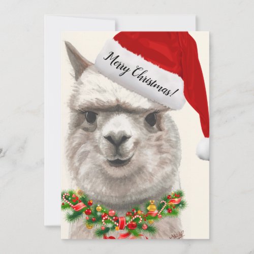 Cute Alpaca Santa Hat Christmas Card Original Art