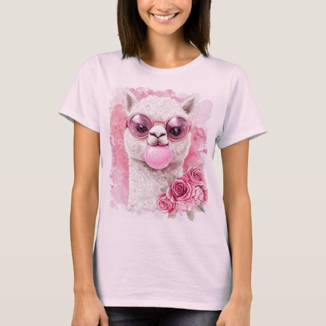 Cute Alpaca T-Shirt – Bubblegum Llama with Sunglas (Front)