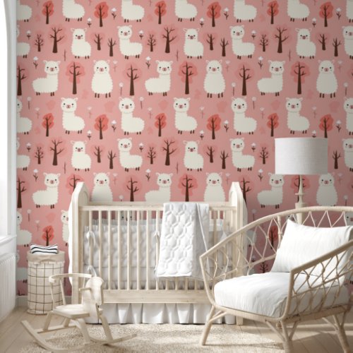 Cute Alpaca Tree Floral White Pink Nursery Wallpaper