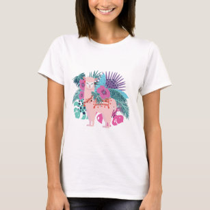 Cute alpaca, tropical leaves and flowers design T-Shirt