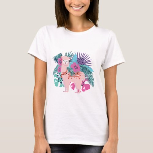 Cute alpaca tropical leaves and flowers design T_Shirt