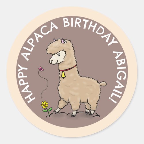 Cute alpaca with butterfly birthday personalised classic round sticker