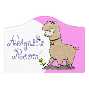 Cute alpaca with butterfly cartoon illustration door sign