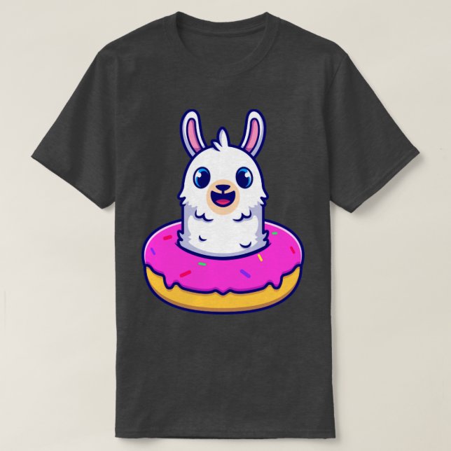 Cute Alpaca With Donut Cartoon T-Shirt (Design Front)
