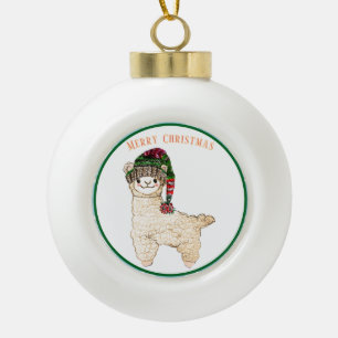 Cute alpaca with festive hat ceramic ball christmas ornament