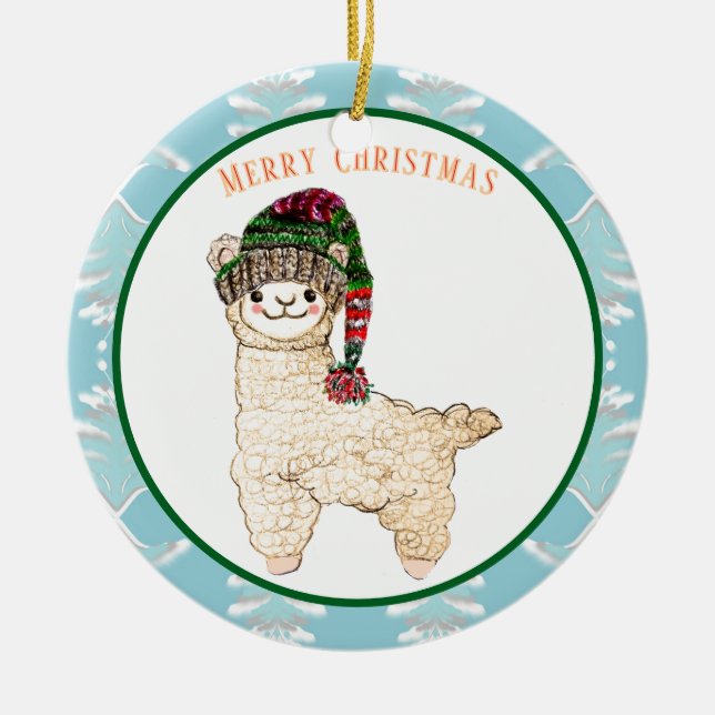 Cute alpaca with festive hat ceramic ornament (Front)