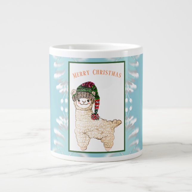 Cute alpaca with festive hat giant coffee mug (Front)