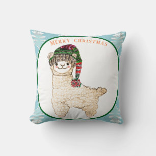 Cute alpaca with festive hat throw pillow