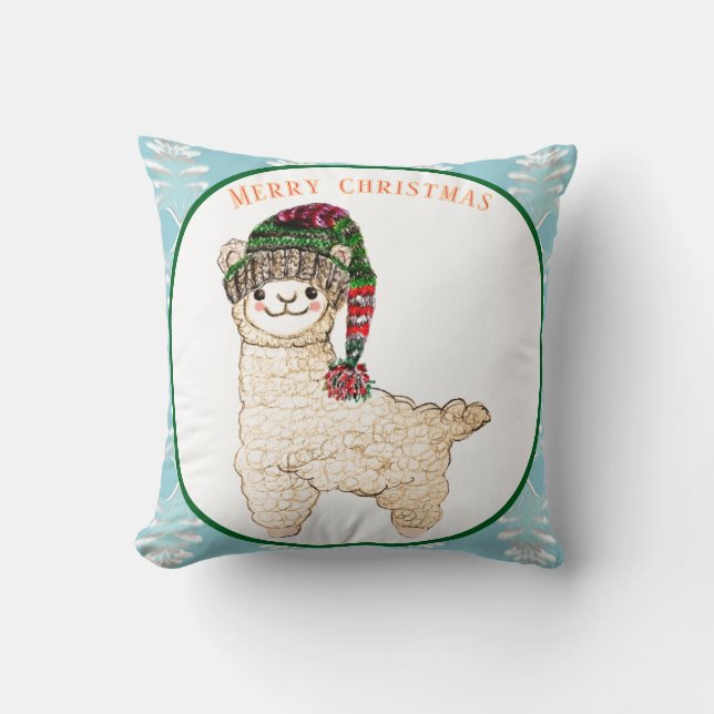 Cute alpaca with festive hat throw pillow (Front)