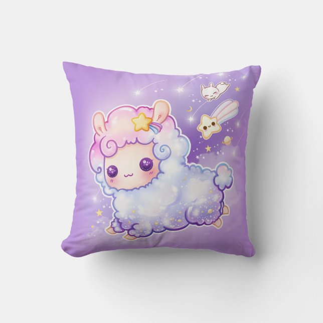 Cute alpaca with kawaii shooting star throw pillow (Front)