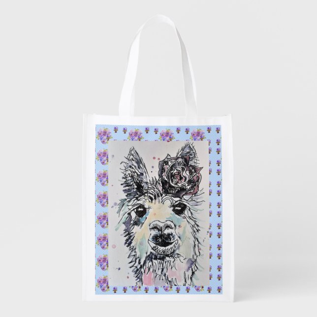 Cute Alpacca Llama animal Reusable Grocery Bag (Front)