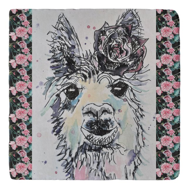Cute Alpacca Llama Farm Animal Roses Trivet (Front)