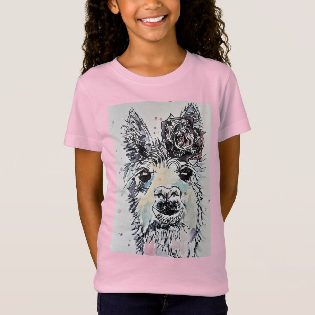 Cute Alpacca Llama watercolour pink Girls T Shirt (Front)