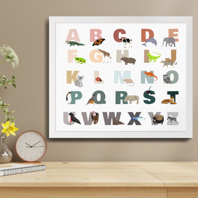 Cute Alphabet ABC Animals Classroom Nursery Framed Art (Table Top)