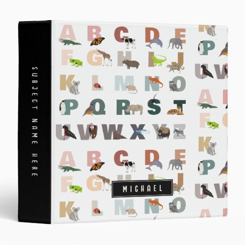 Cute Alphabet ABC Animals Custom Name School 3 Ring Binder