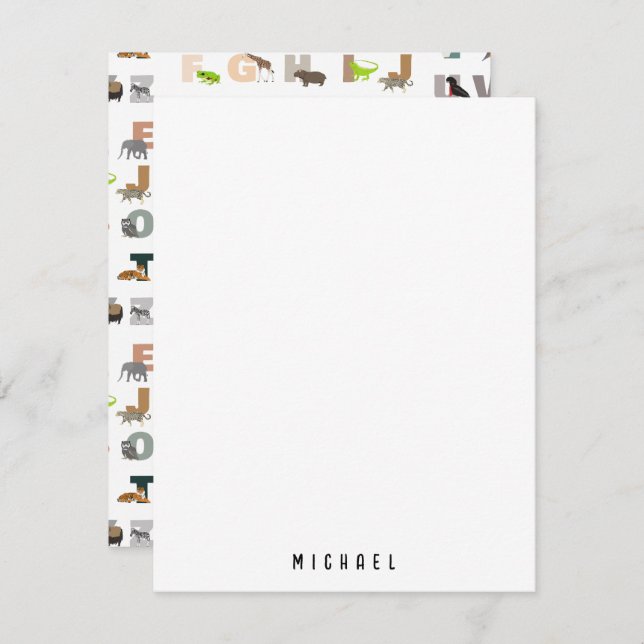 Cute Alphabet ABC Animals Custom Name School Note Card (Front/Back)