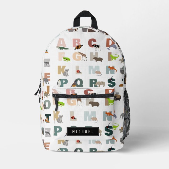 Cute Alphabet ABC Animals Custom Name School Printed Backpack (Front)