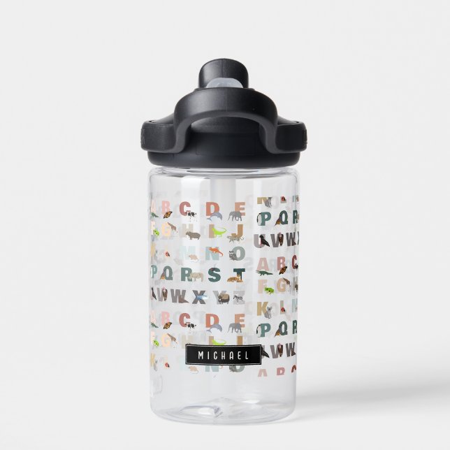 Cute Alphabet ABC Animals Custom Name School Water Bottle (Back)