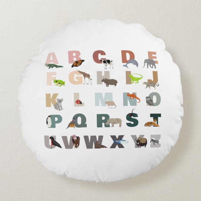 Cute Alphabet ABC Animals Round Pillow (Front)