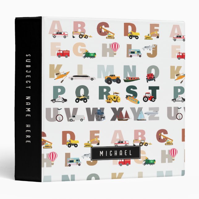 Cute Alphabet ABC Trucks, Transportation Vehicles 3 Ring Binder (Front/Spine)