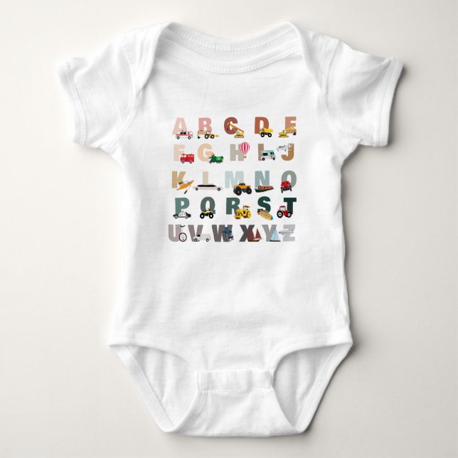 Cute Alphabet ABC Trucks, Transportation Vehicles Baby Bodysuit (Front)