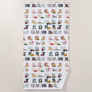 Cute Alphabet ABC Trucks, Transportation Vehicles Beach Towel