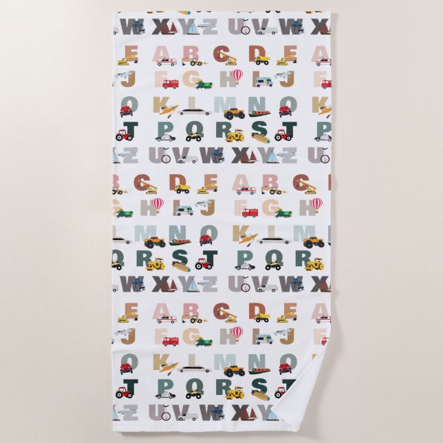 Cute Alphabet ABC Trucks, Transportation Vehicles Beach Towel (Front)