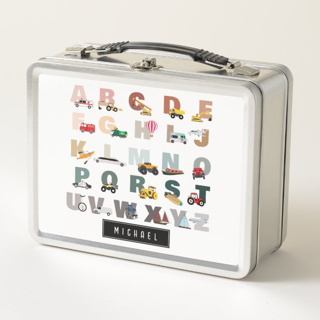 Cute Alphabet ABC Trucks, Transportation Vehicles Metal Lunch Box (Front)