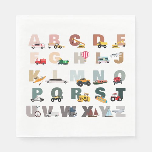 Cute Alphabet ABC Trucks Transportation Vehicles Napkins