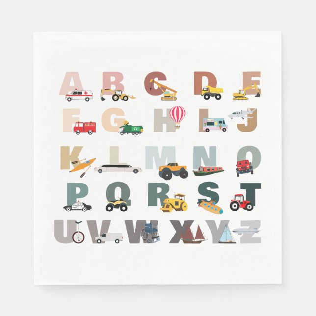Cute Alphabet ABC Trucks, Transportation Vehicles Napkins (Front)