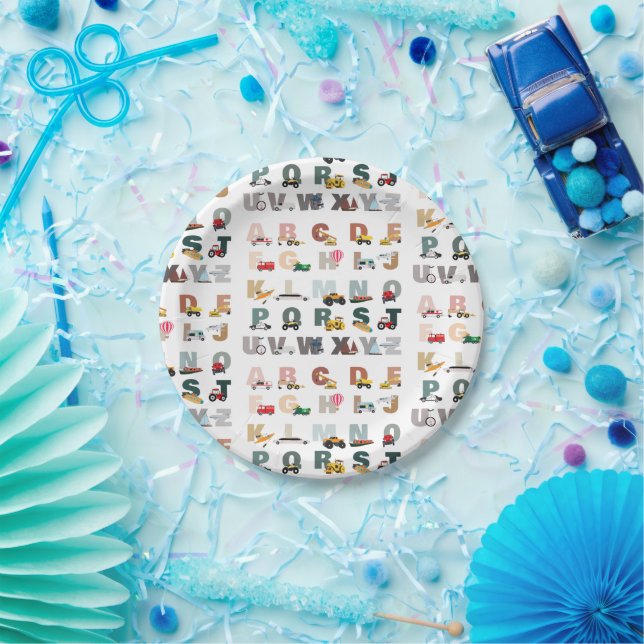 Cute Alphabet ABC Trucks, Transportation Vehicles Paper Plates (Party)