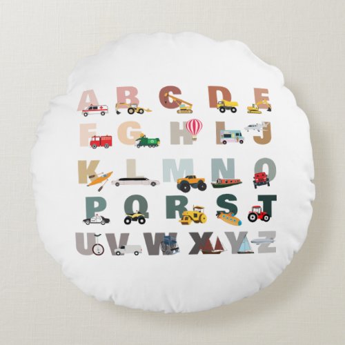 Cute Alphabet ABC Trucks Transportation Vehicles Round Pillow