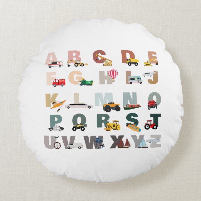 Cute Alphabet ABC Trucks, Transportation Vehicles Round Pillow (Front)