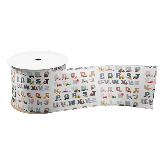 Cute Alphabet ABC Trucks, Transportation Vehicles Satin Ribbon (Spool)