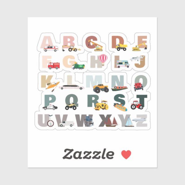 Cute Alphabet ABC Trucks, Transportation Vehicles Sticker (Sheet)
