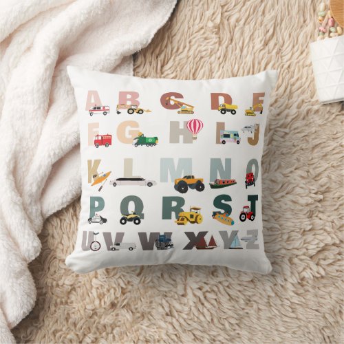 Cute Alphabet ABC Trucks Transportation Vehicles Throw Pillow