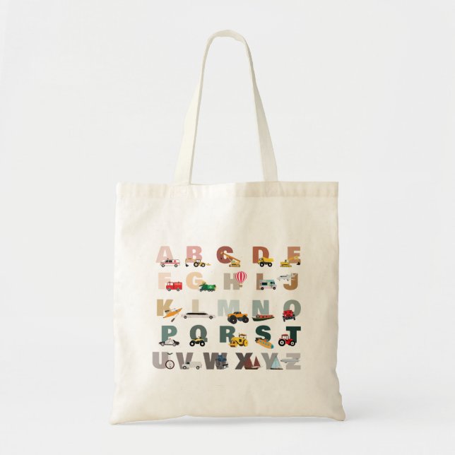 Cute Alphabet ABC Trucks, Transportation Vehicles Tote Bag (Front)