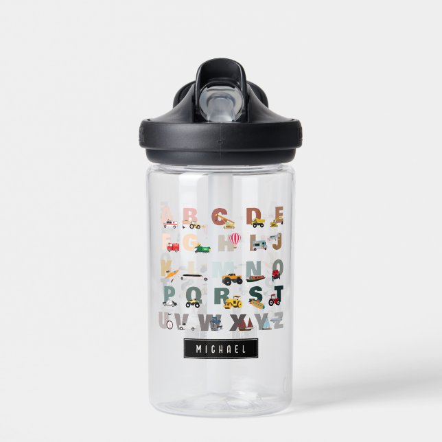 Cute Alphabet ABC Trucks, Transportation Vehicles Water Bottle (Front)