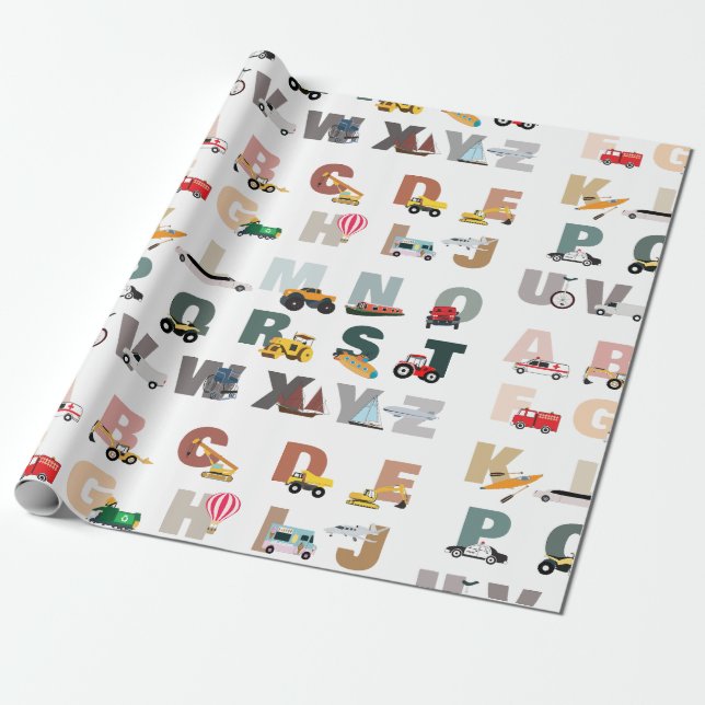 Cute Alphabet ABC Trucks, Transportation Vehicles Wrapping Paper (Unrolled)
